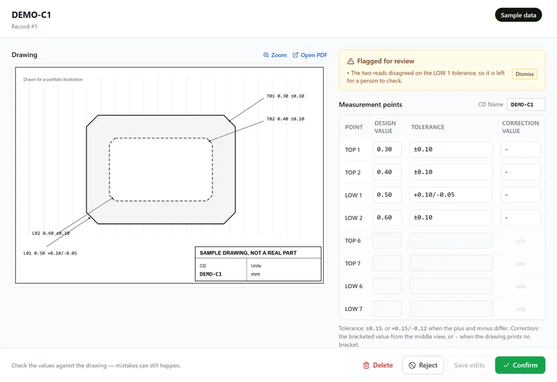 Drawing review screen with a sample drawing on the left and editable measurement values on the right, one of them flagged for review