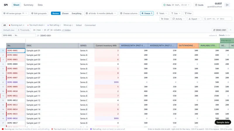 Planning grid with sample parts, stock and demand columns, and rows tinted by stock status